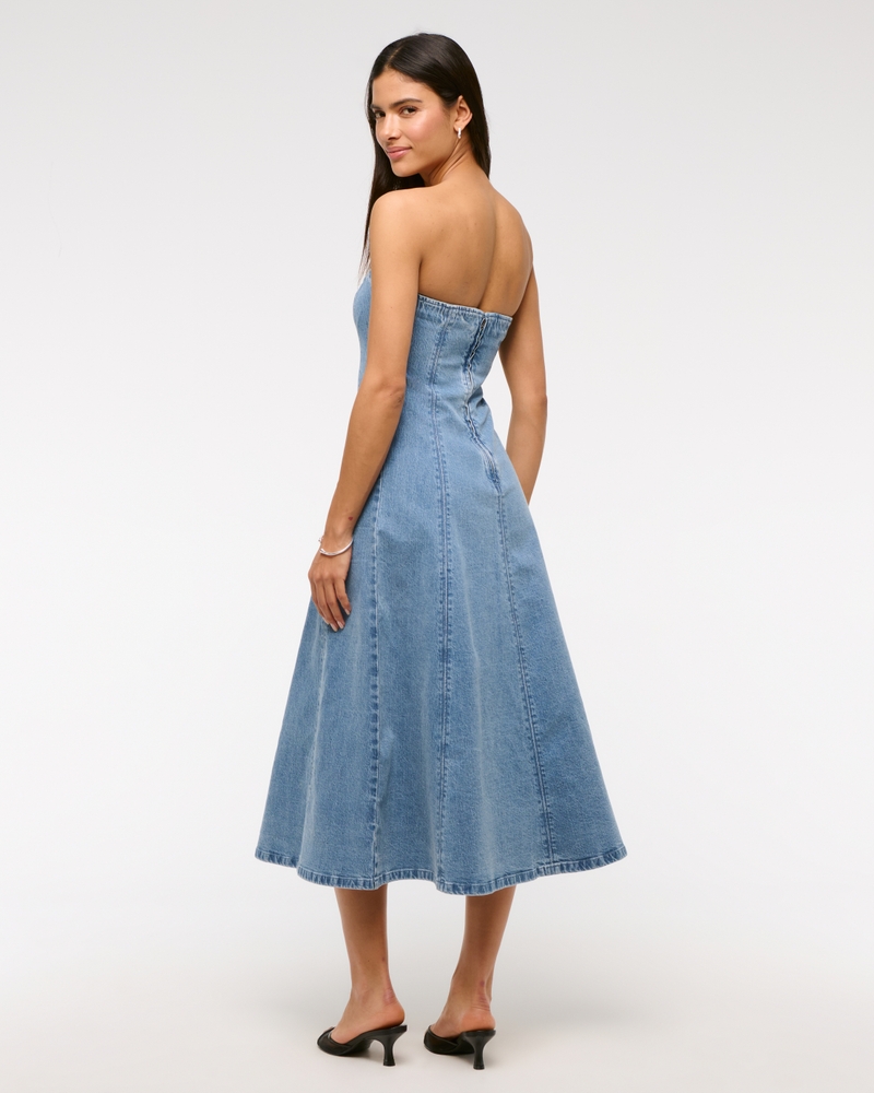 The A&F Mila Strapless Denim Midi Dress(medium wash,XXS)