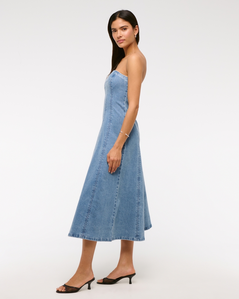 The A&F Mila Strapless Denim Midi Dress(medium wash,XXS)