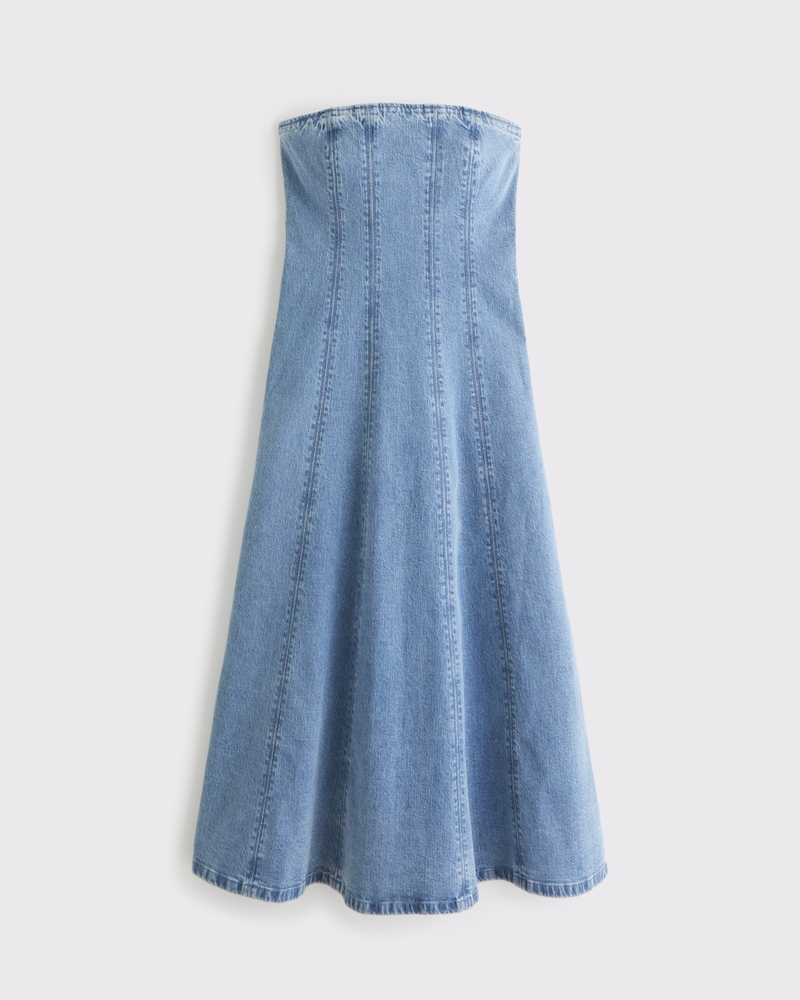 The A&F Mila Strapless Denim Midi Dress(medium wash,XXS)