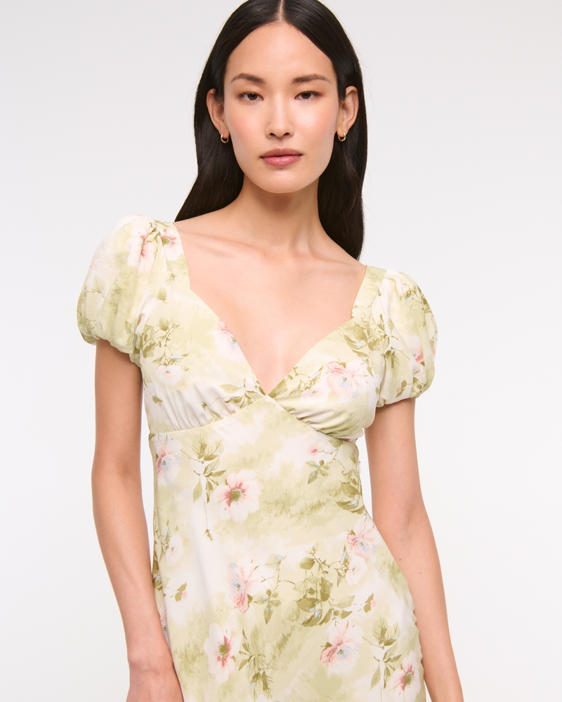 Puff Sleeve Midi Dress(light green floral,XXS)