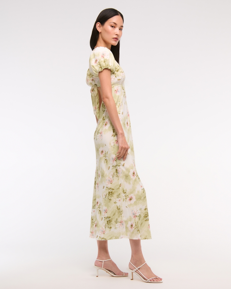 Puff Sleeve Midi Dress(light green floral,XXS)