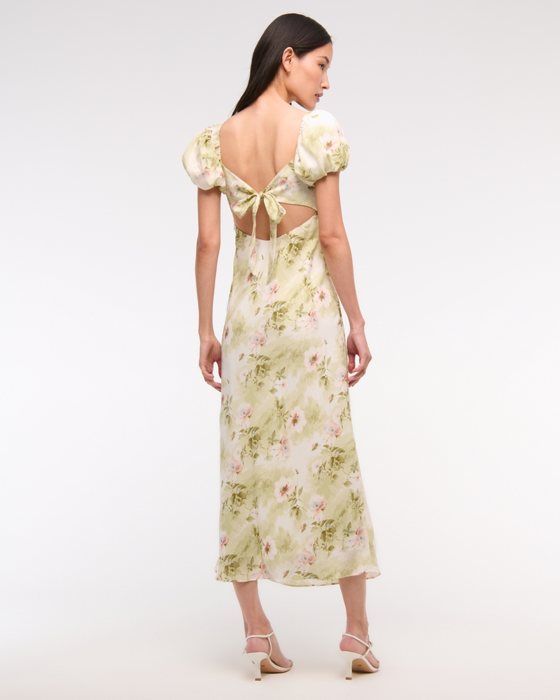 Puff Sleeve Midi Dress(light green floral,XXS)