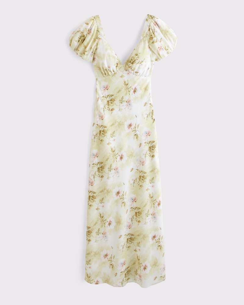 Puff Sleeve Midi Dress(light green floral,XXS)