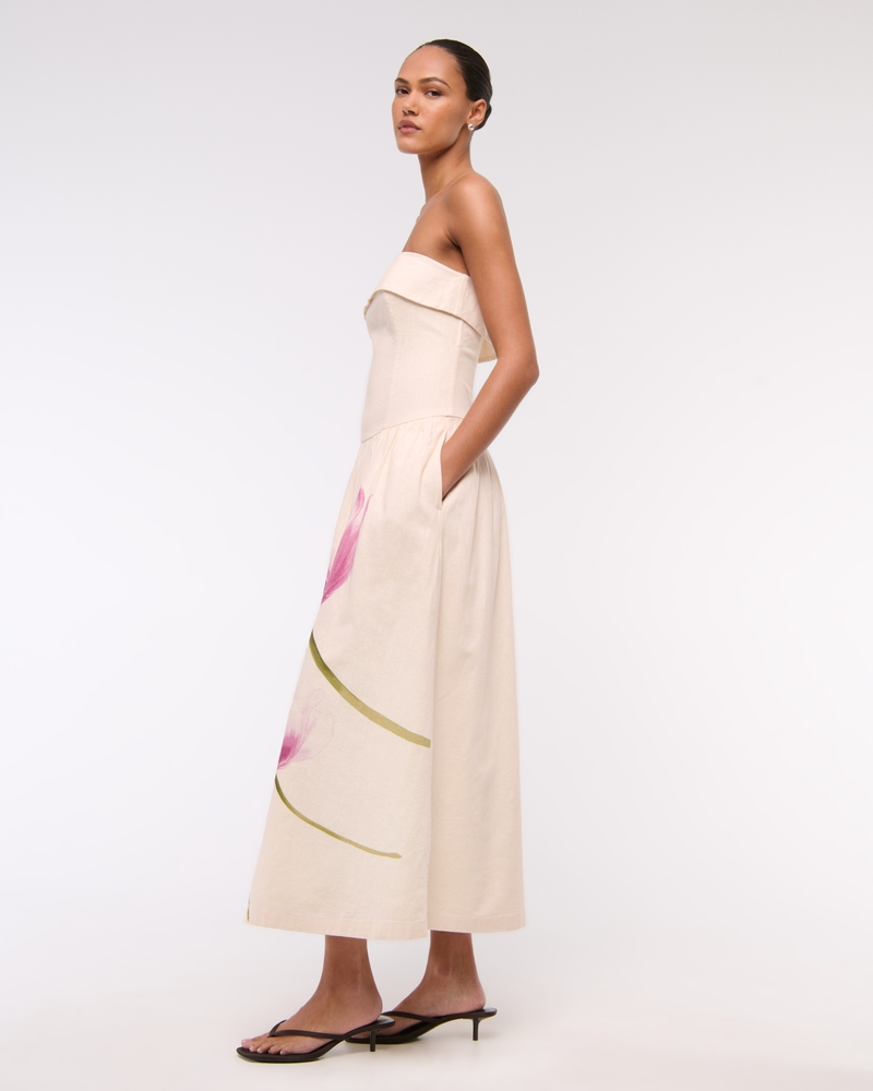 Strapless Drop-Waist Linen-Blend Maxi Dress(cream floral,XXS)