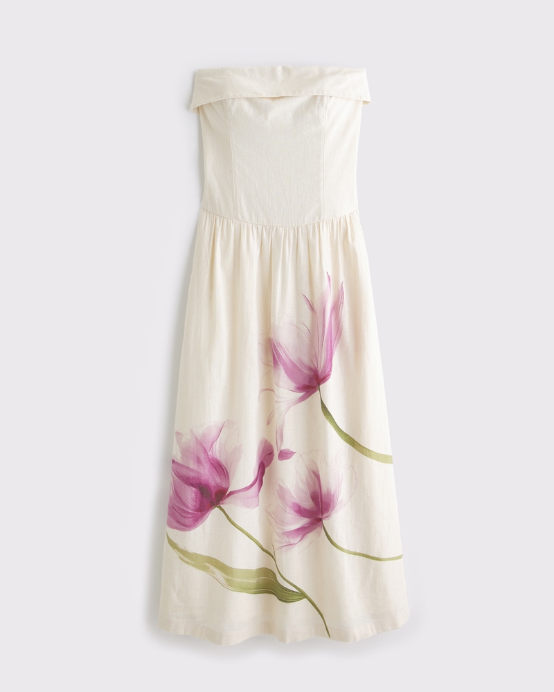 Strapless Drop-Waist Linen-Blend Maxi Dress(cream floral,XXS)