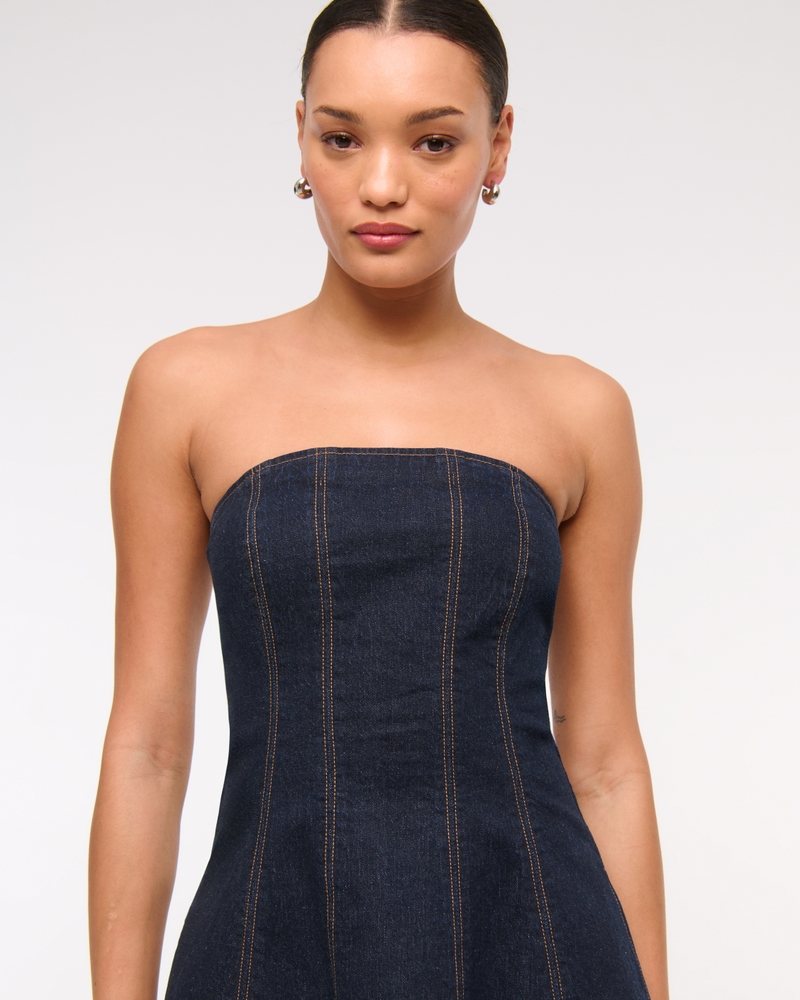 The A&F Mila Strapless Denim Mini Dress(dark wash,XXS)