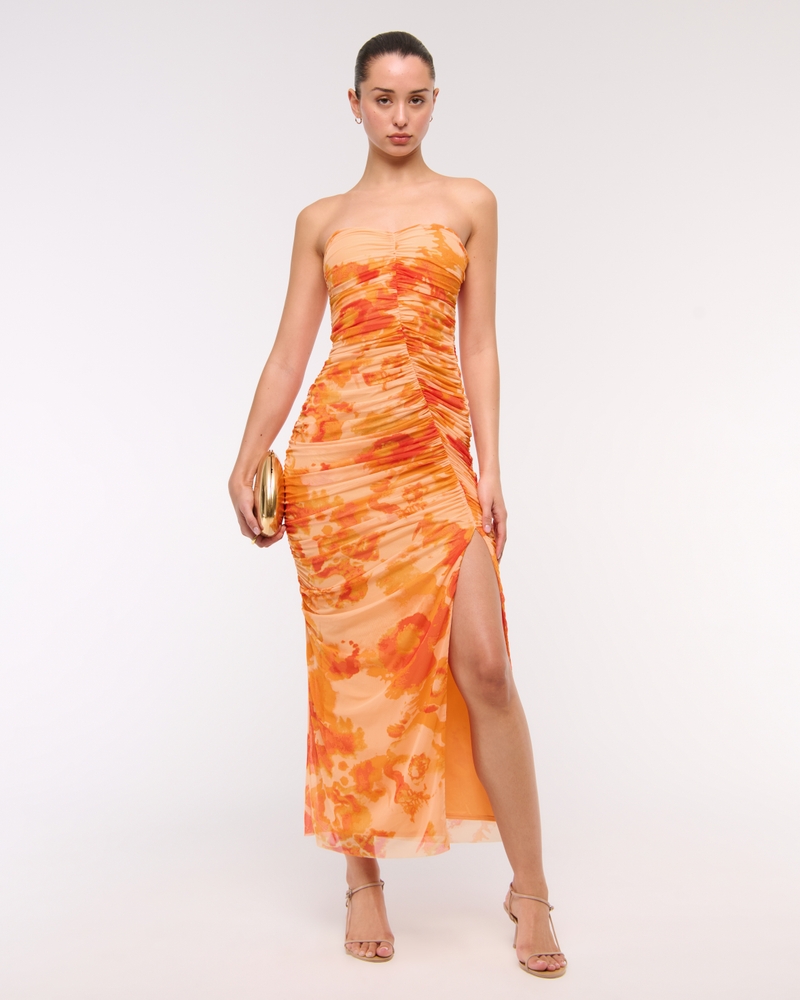 Mesh Strapless Ruched Maxi Dress