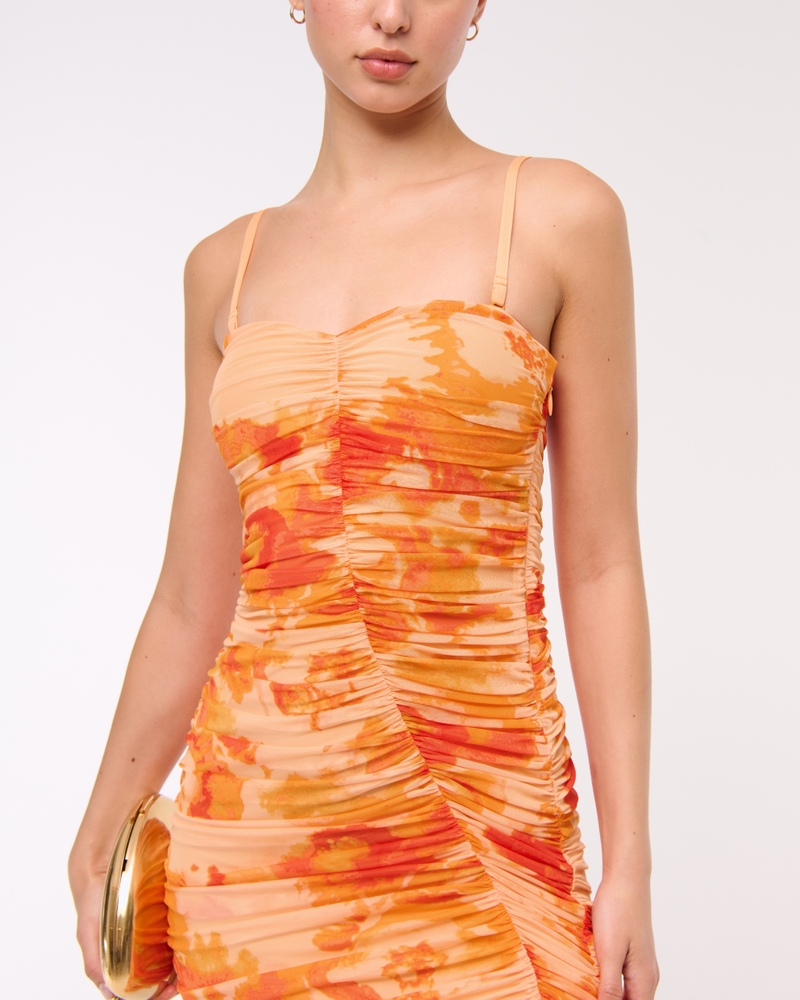 Mesh Strapless Ruched Maxi Dress(orange pattern,XXS)