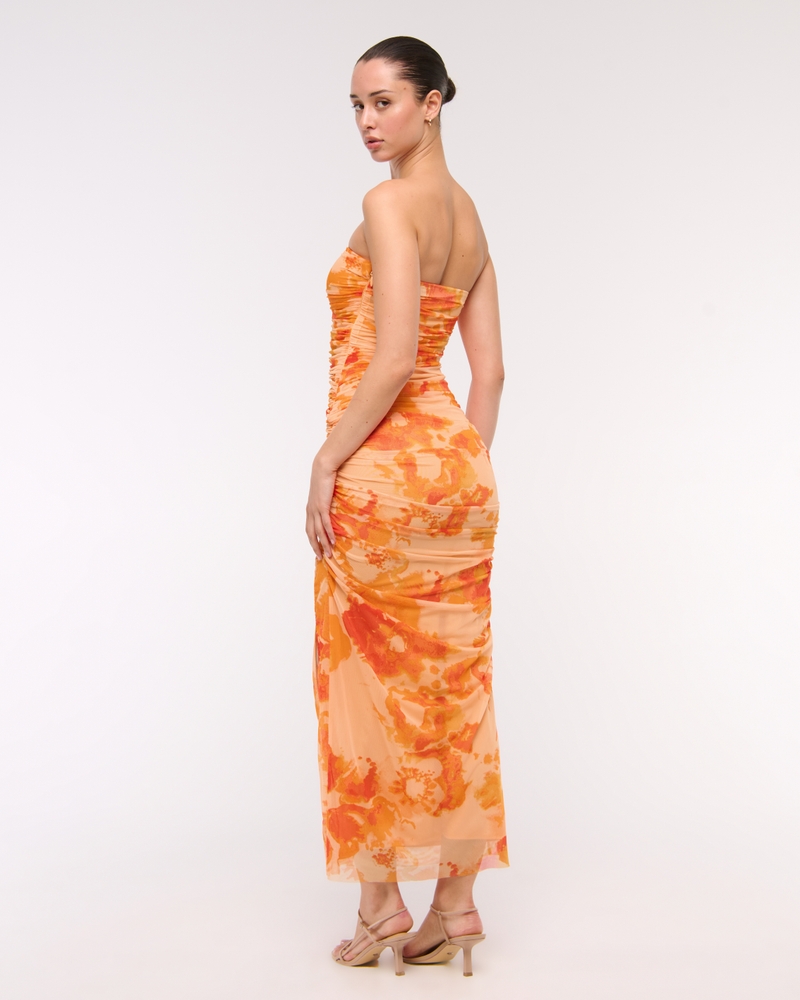 Mesh Strapless Ruched Maxi Dress(orange pattern,XXS)