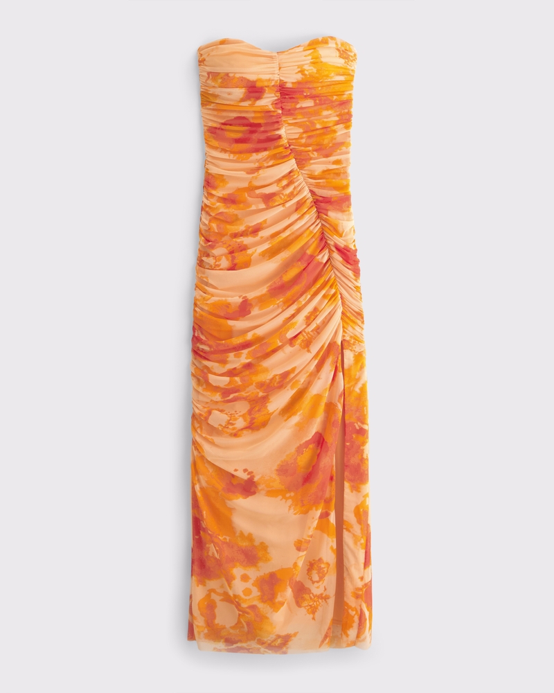 Mesh Strapless Ruched Maxi Dress(orange pattern,XXS)