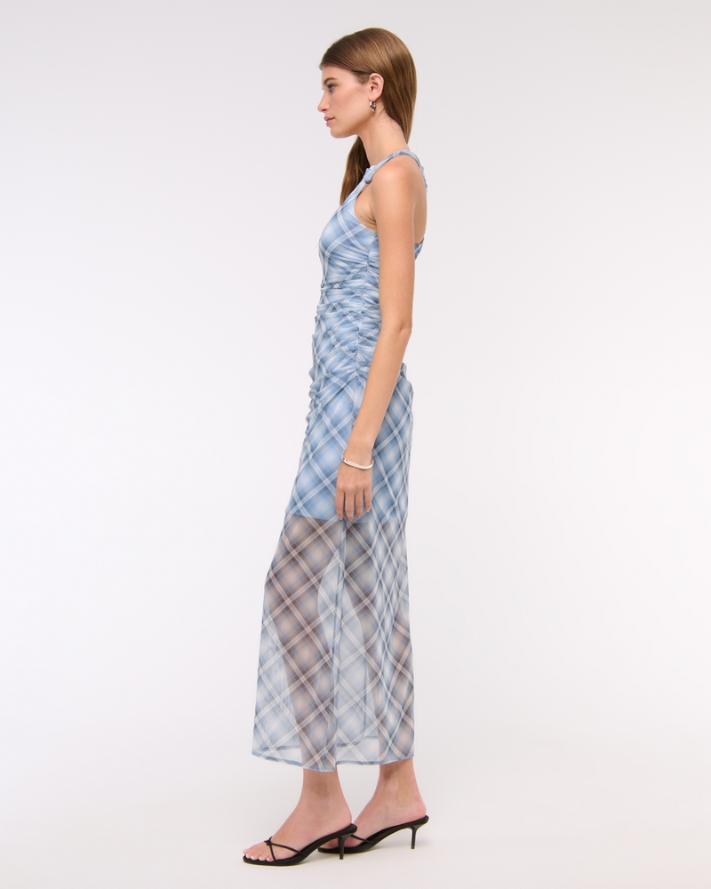 Mesh Twisted Halter Midi Dress(blue plaid,XXS)