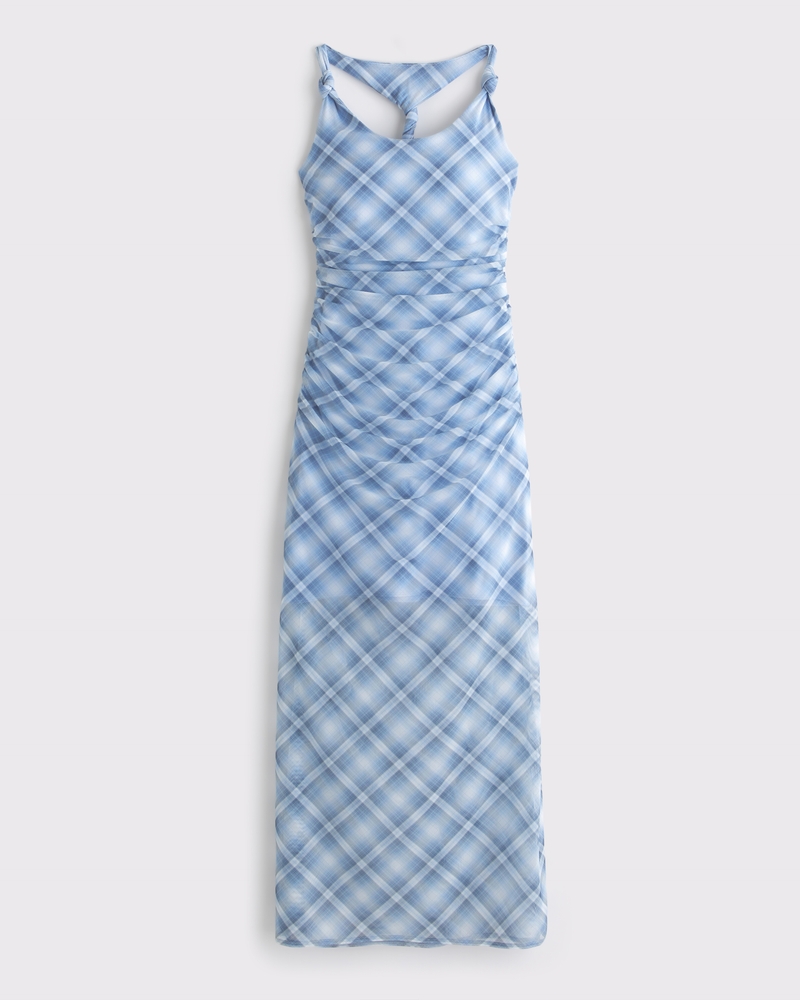Mesh Twisted Halter Midi Dress(blue plaid,XXS)