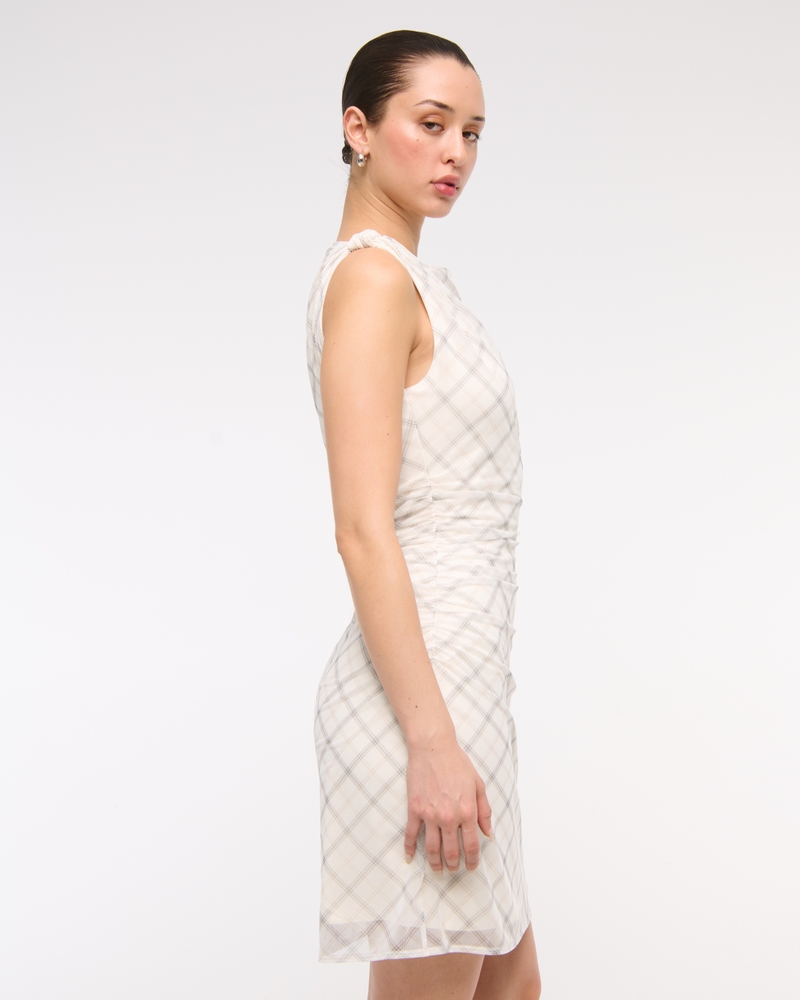 Mesh Knotted Mini Dress(white plaid,XXS)