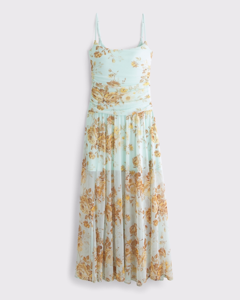 Bra-Free Flowy Sheer Maxi Dress(turquoise floral,XXS)