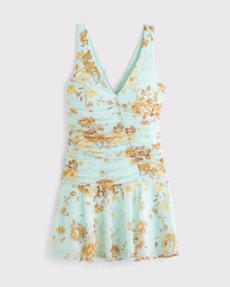 Bra-Free V-Neck Ruched Mesh Mini Dress(turquoise floral,XXS)