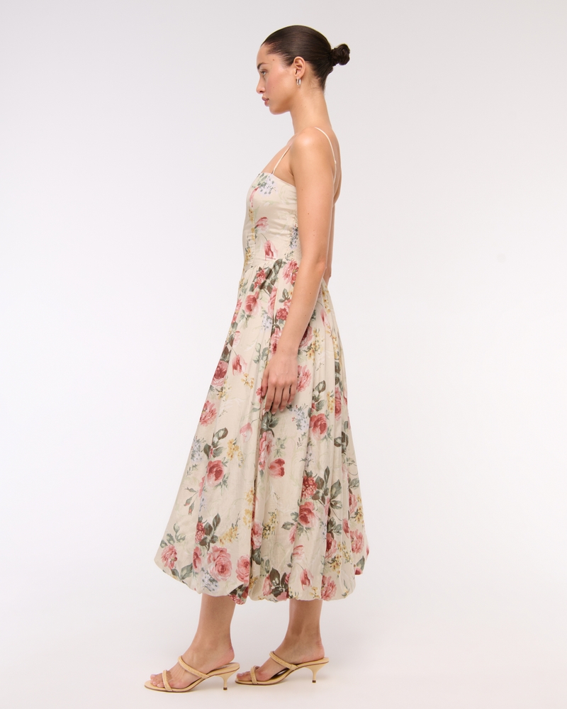 Dipped-Waist Bubble Hem Midi Dress(cream floral,XXS)