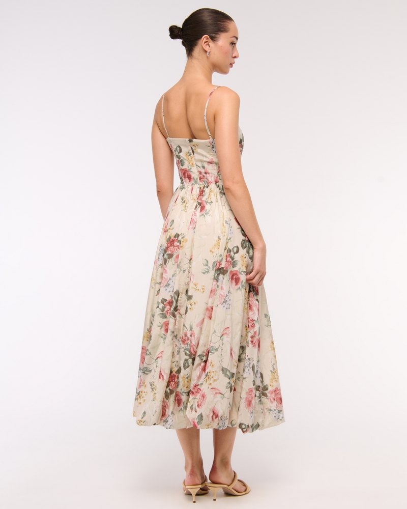 Dipped-Waist Bubble Hem Midi Dress(cream floral,XXS)