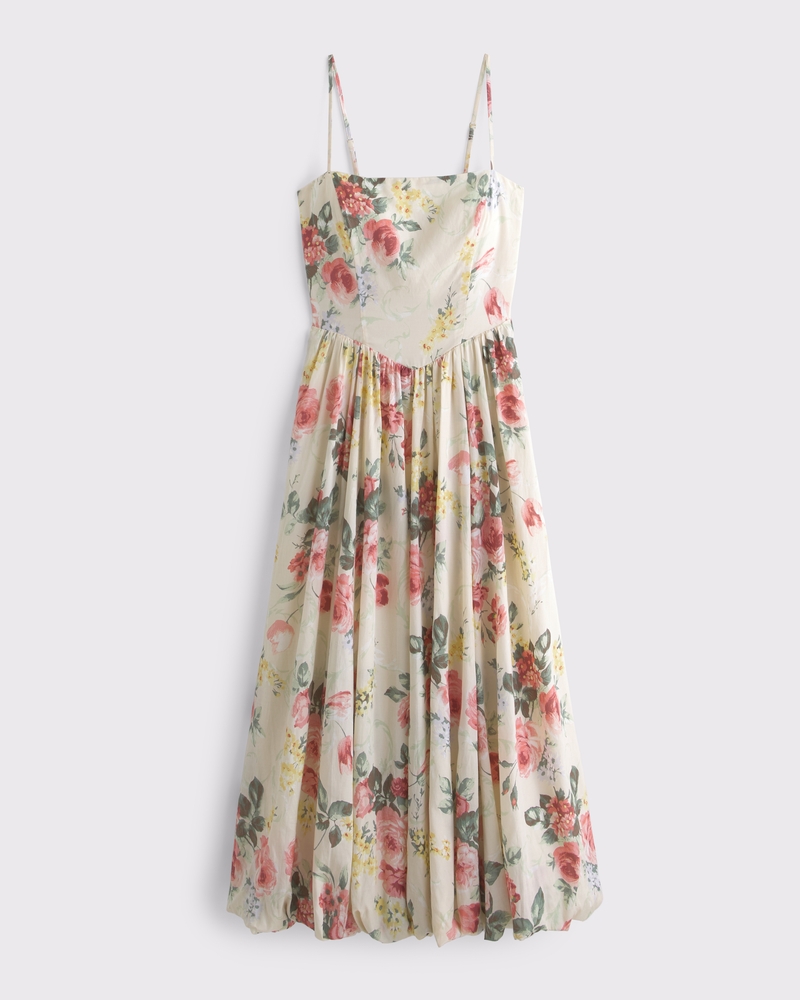 Dipped-Waist Bubble Hem Midi Dress(cream floral,XXS)