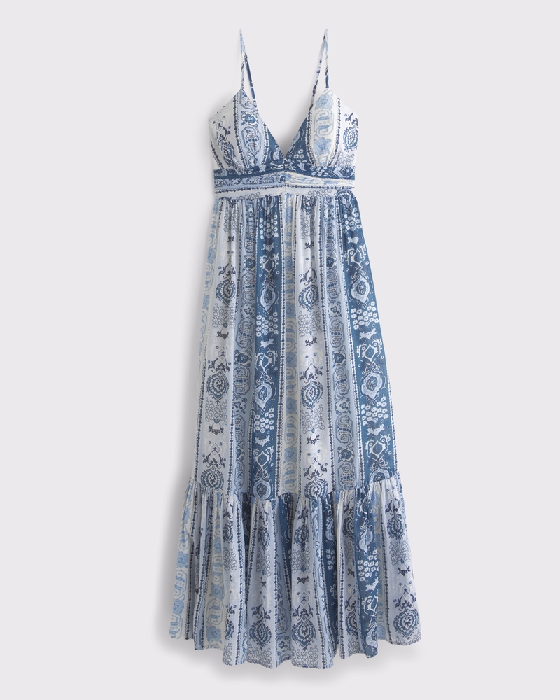 Bra-Free Flowy Tie-Back Maxi Dress(blue pattern,XXS)