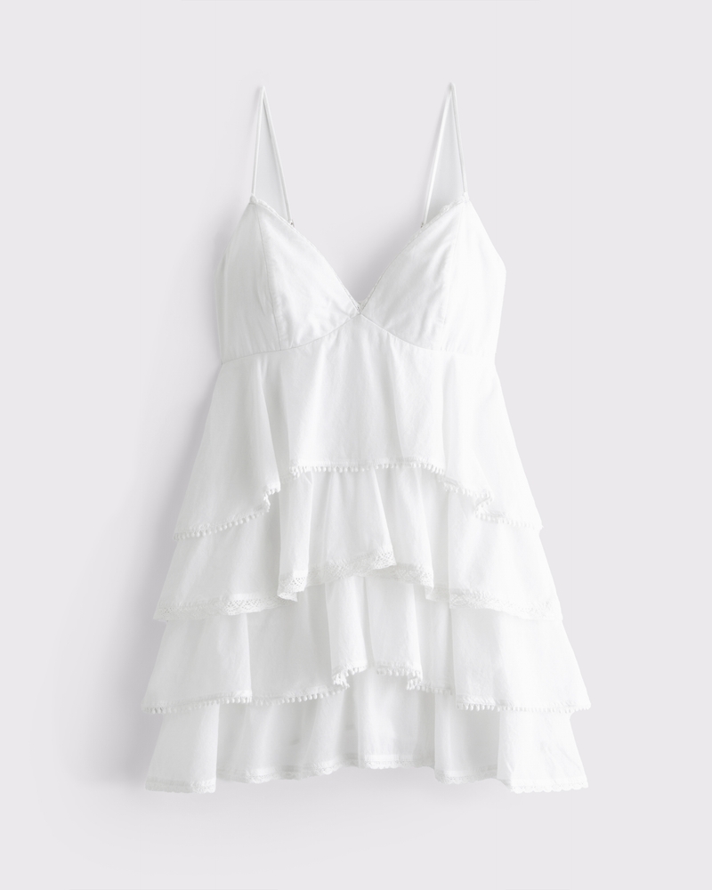 V-Neck Ruffle Tiered Mini Dress(white,XXS)
