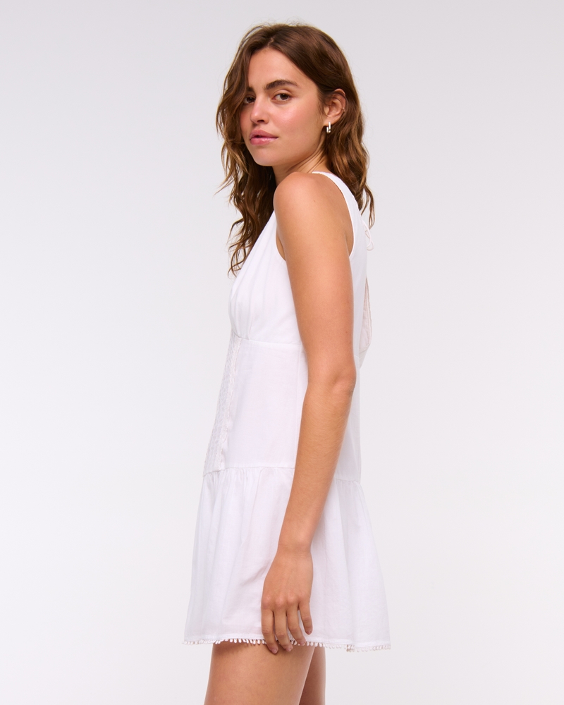 V-Neck Lace-Trim Mini Dress(white,XXS)
