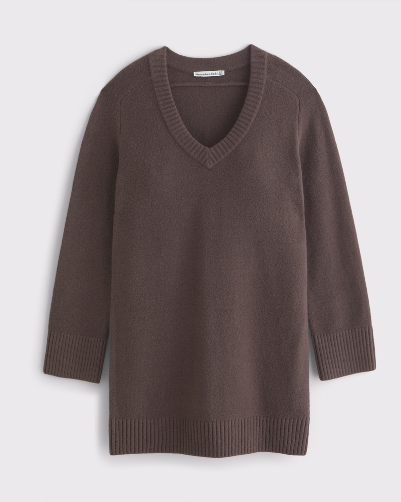 V-Neck Easy Mini Sweater Dress(chocolate brown,XXS)