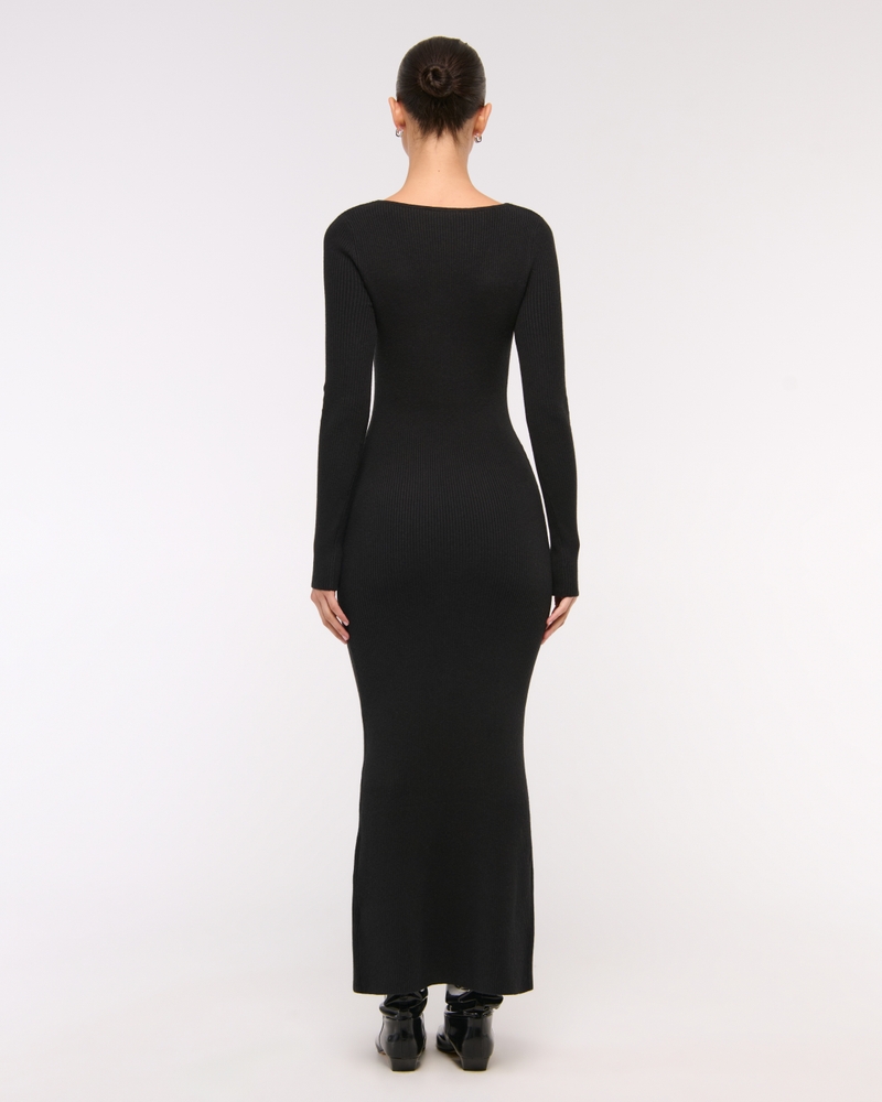 Long-Sleeve V-Neck Maxi Sweater Dress(black,XXS)