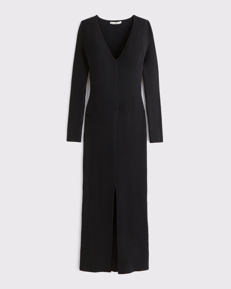 Long-Sleeve V-Neck Maxi Sweater Dress(black,XXS)