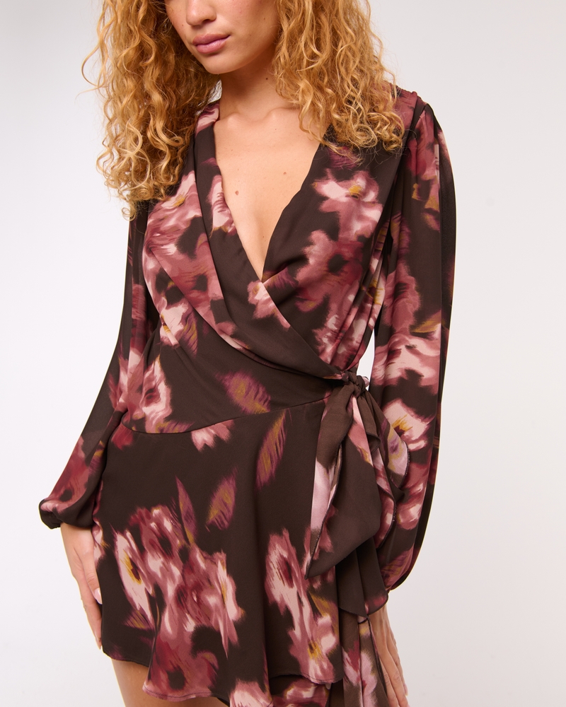 Long-Sleeve Draped Wrap Mini Dress(brown pattern,XXS)