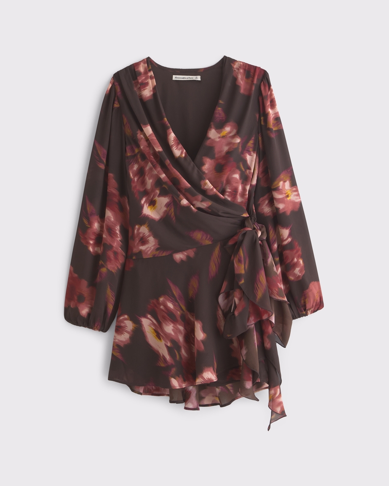 Long-Sleeve Draped Wrap Mini Dress(brown pattern,XXS)